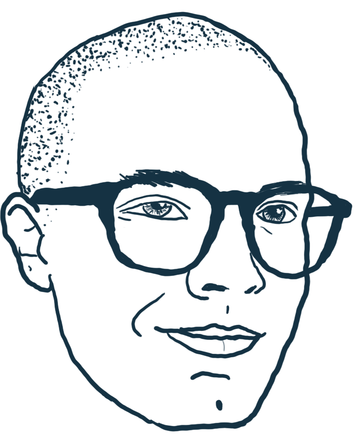 An outline drawing of Daniel Richtmyre's head, a man with stubble hair, thick rimmed glasses, and a dimple chin.